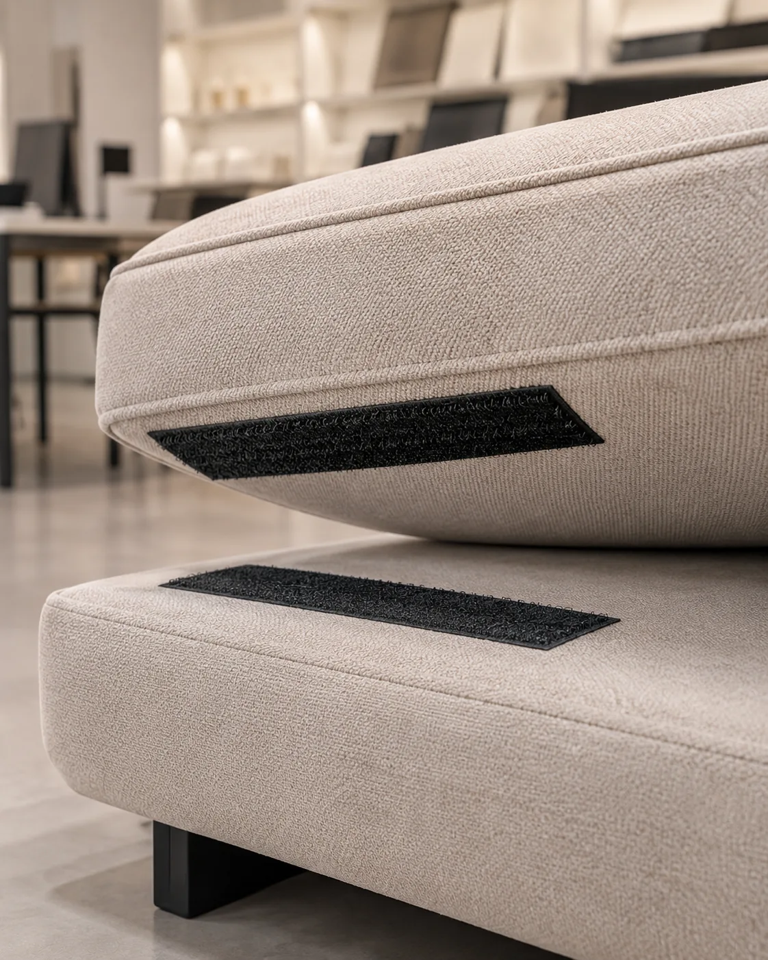 Reusable hook and loop fastening for furniture cushion attachment.